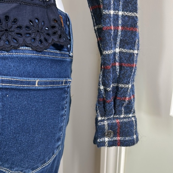 Sea New York Wool Plaid Crop Top Eyelet Lace Back Long Sleeve Navy Blue Sz 2 - Picture 9 of 13